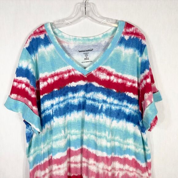 Woman Within Plus Size 1X 22W 24W Top Blue Red Tie Dye Striped V‎ Neck 1652 - Picture 3 of 9